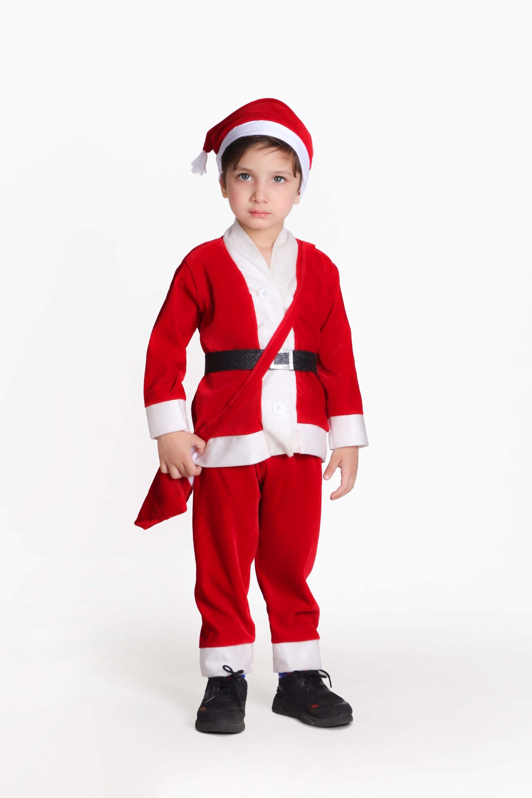 Santa Claus Costume Dress For Kids Christmas Costume Complete Set of 4(Jacket,Pant,Pouch,Hat)