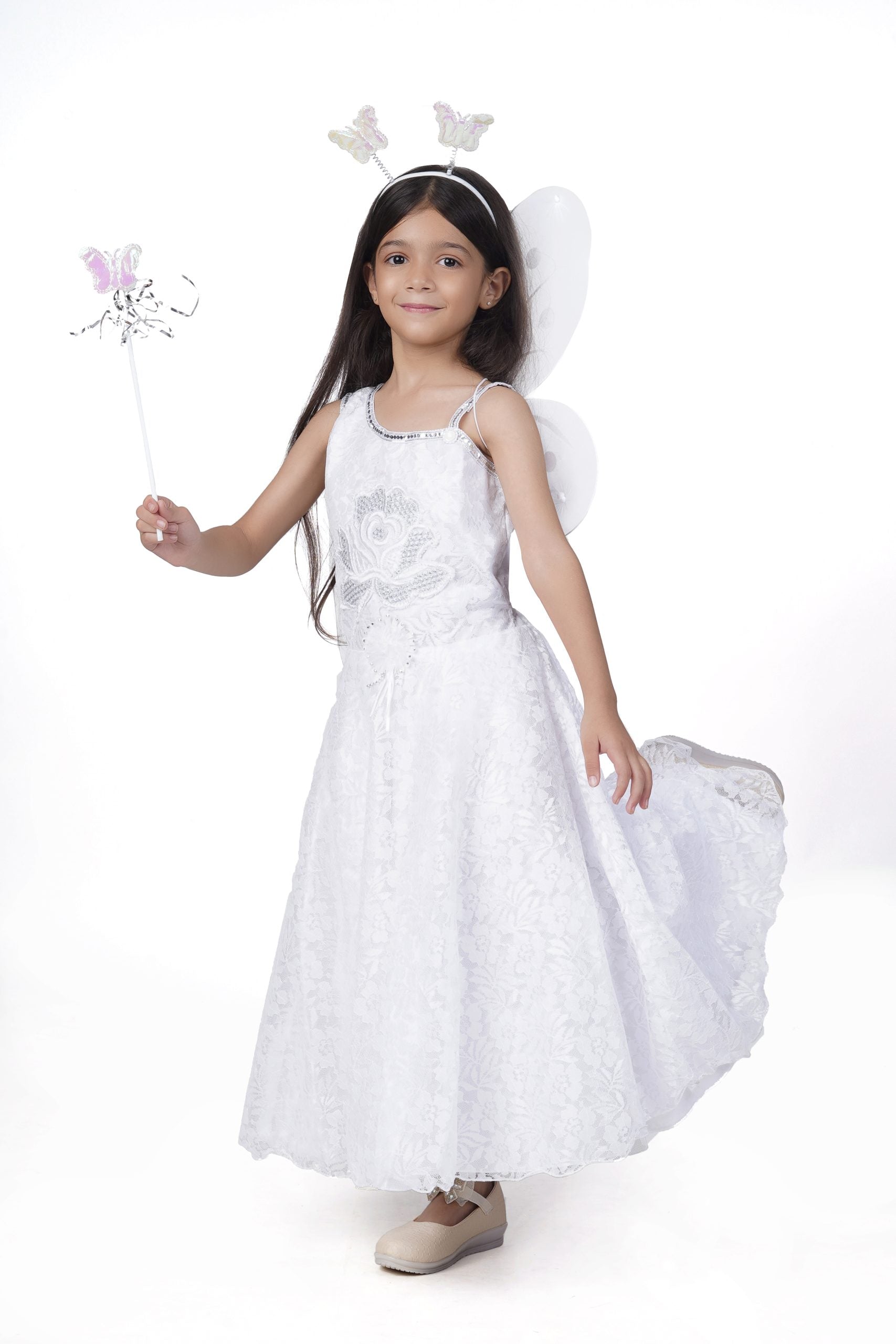 Itsmycostume Net Casual Full Length Cute Frill Fairy Frock Dress with Wings, Fairy Stick and Head Band for Girls Kids
