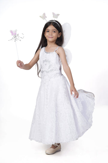 Itsmycostume Net Casual Full Length Cute Frill Fairy Frock Dress with Wings, Fairy Stick and Head Band for Girls Kids