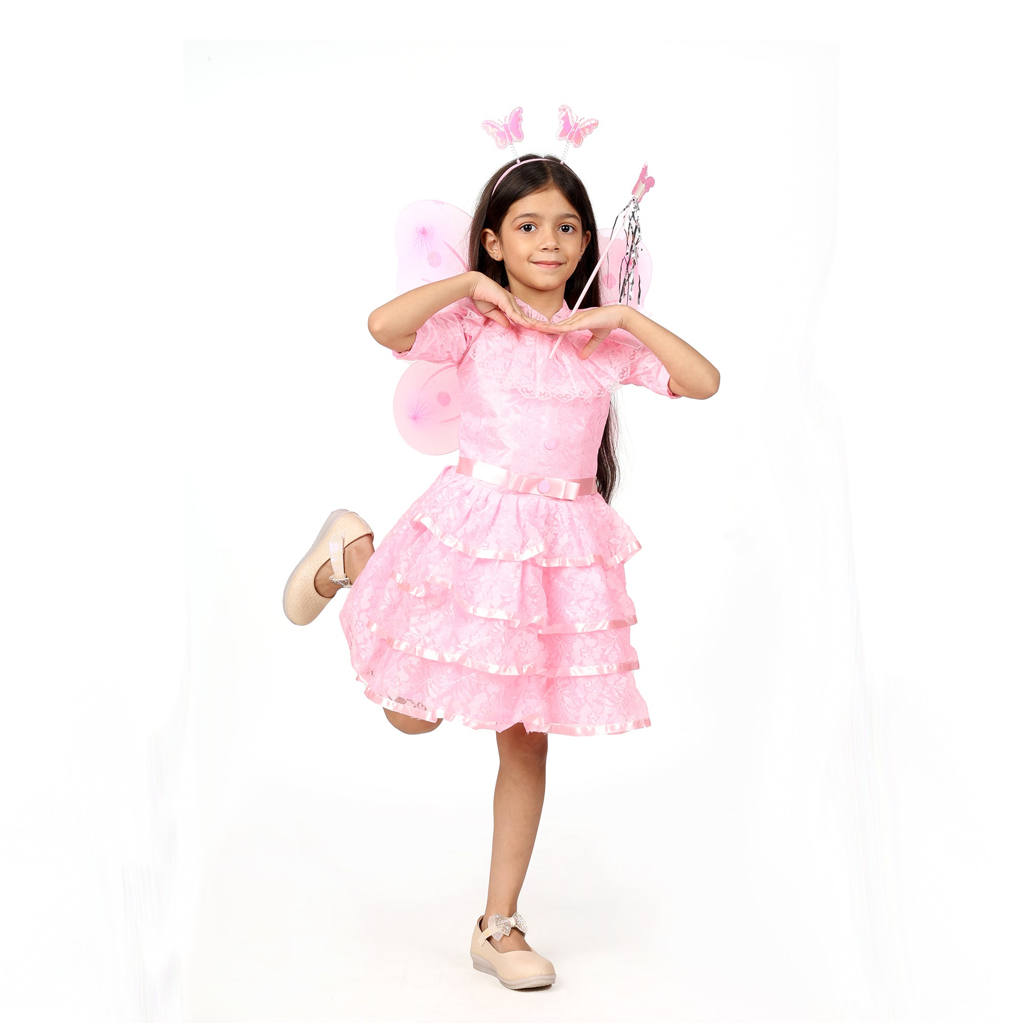 Itsmycostume Net Casual Knee Length Cute Frill Fairy Pink Frock Dress with Wings, Fairy Stick and Head Band for Girls Kids