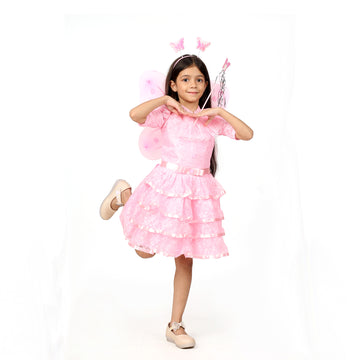 Itsmycostume Net Casual Knee Length Cute Frill Fairy Pink Frock Dress with Wings, Fairy Stick and Head Band for Girls Kids