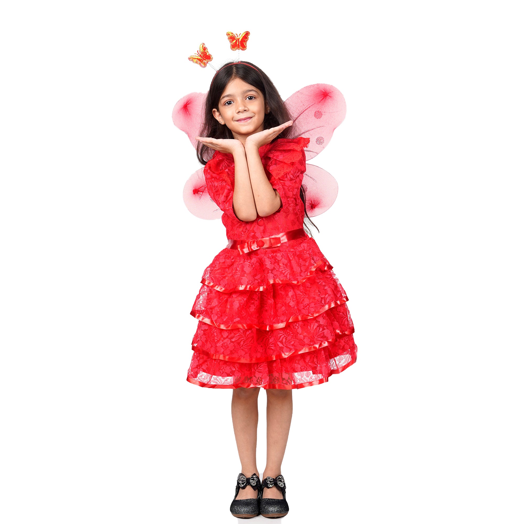 Itsmycostume Net Casual Knee Length Cute Frill Fairy Red Frock Dress with Wings, Fairy Stick and Head Band for Girls Kids