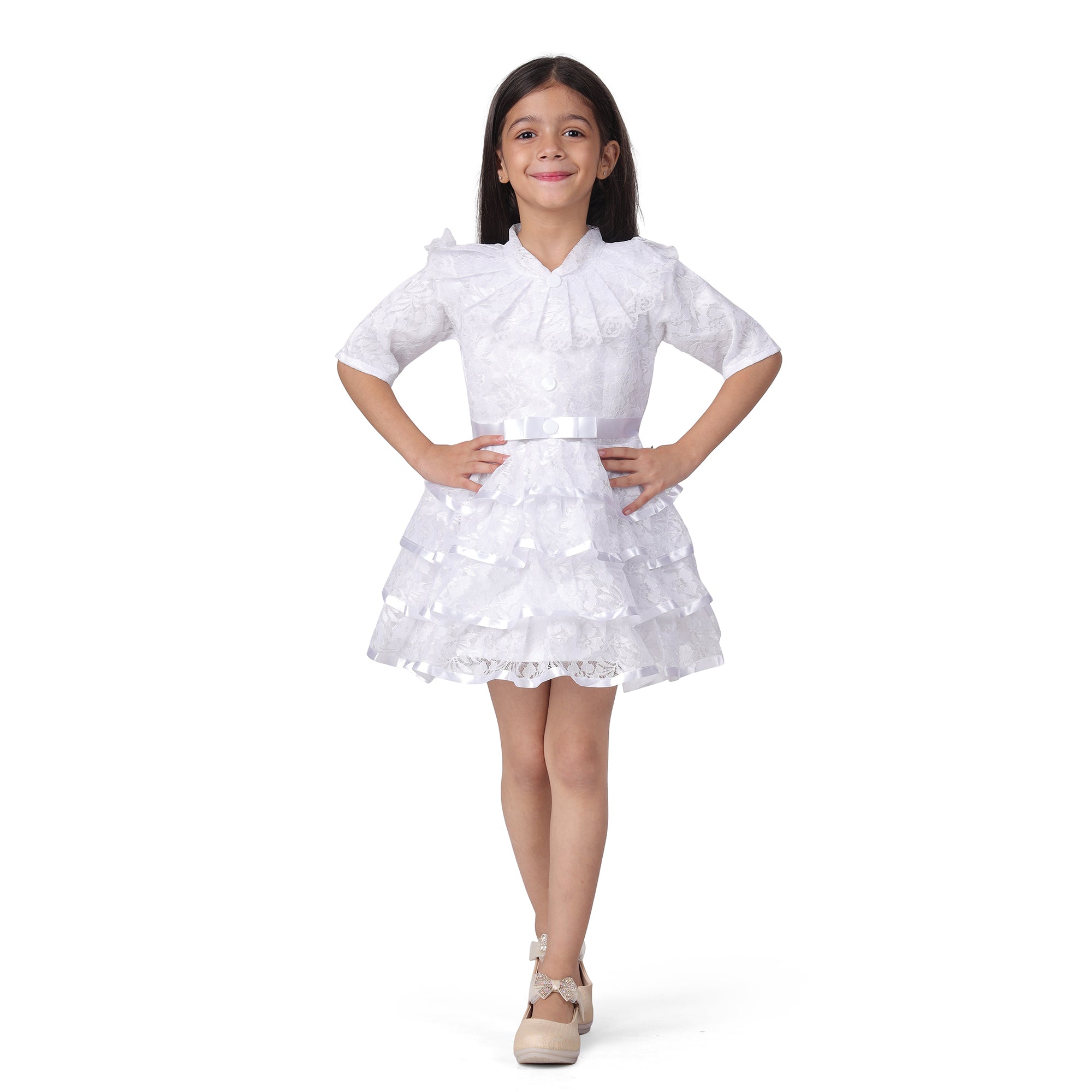 Itsmycostume Net Casual Knee Length Cute Frill Fairy White Frock Dress for Girls Kids