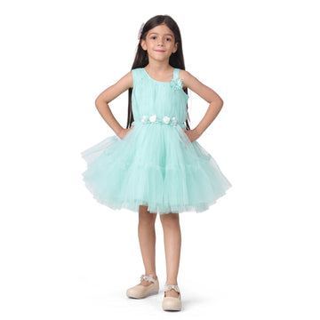 Itsmycostume Net Casual Knee Length Cute Frill Green Frock Dress for Girls Kids