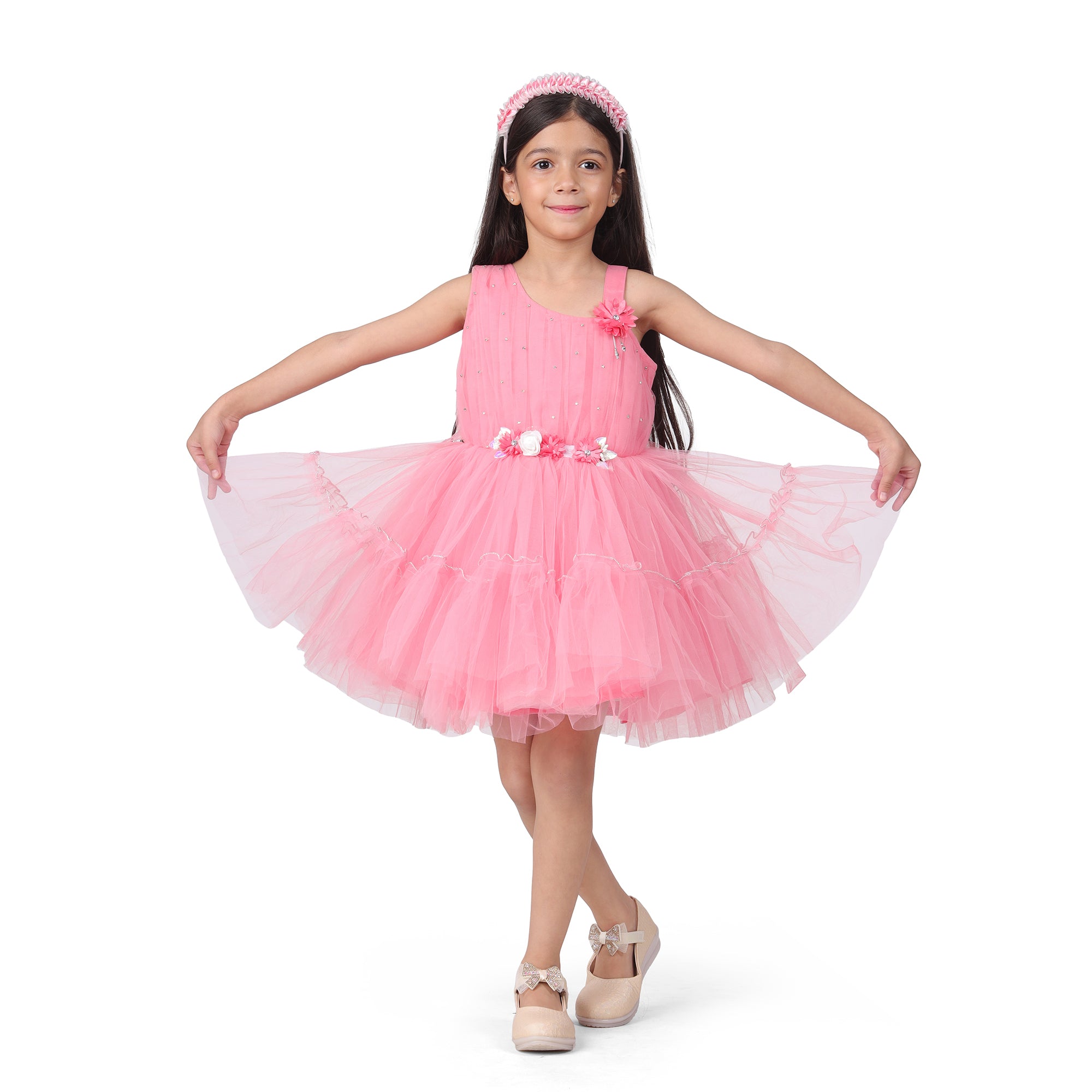 Itsmycostume Net Casual Knee Length Cute Frill Green  Dress for Girls Kids