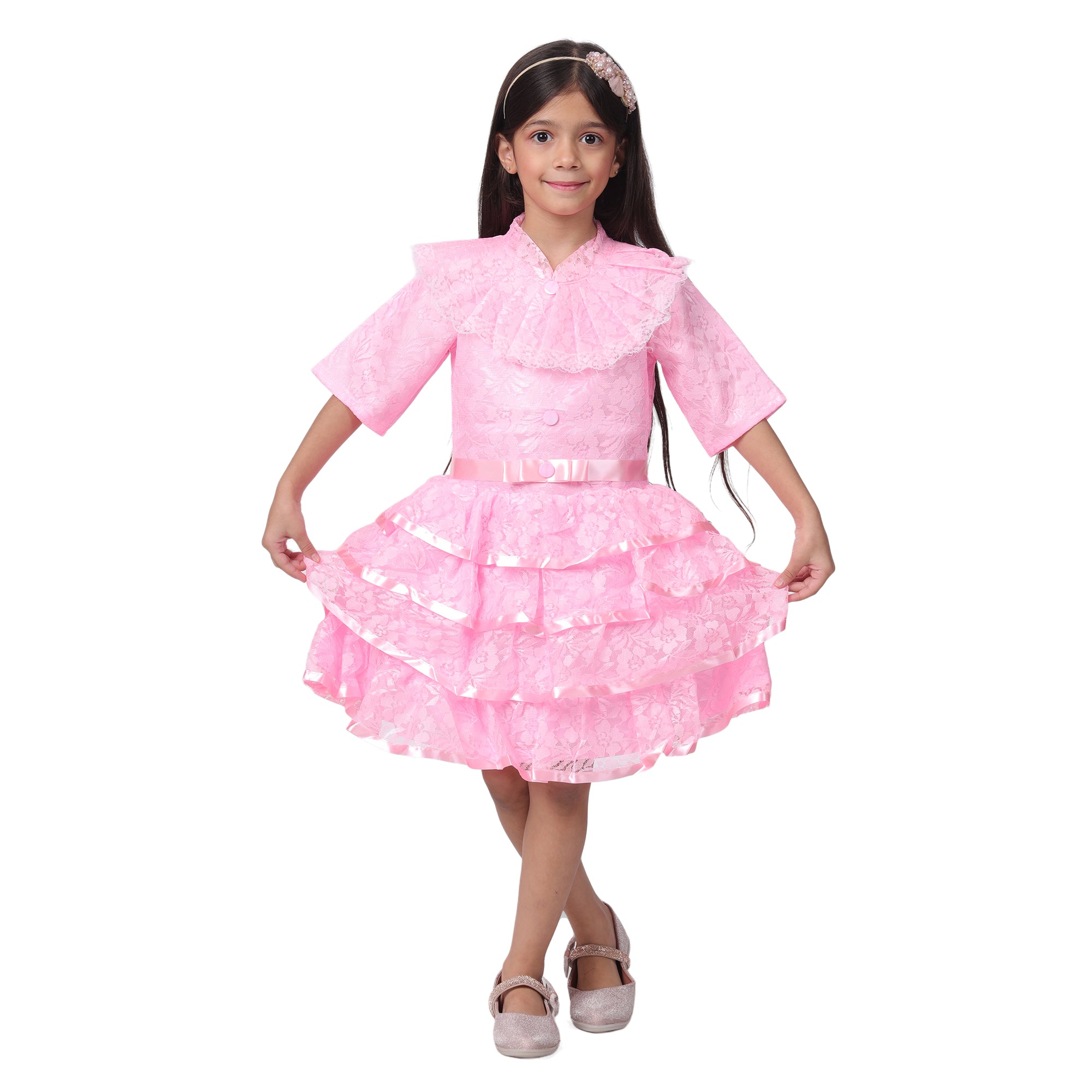 Itsmycostume Net Casual Knee Length Cute Frill Fairy Pink Frock Dress for Girls Kids