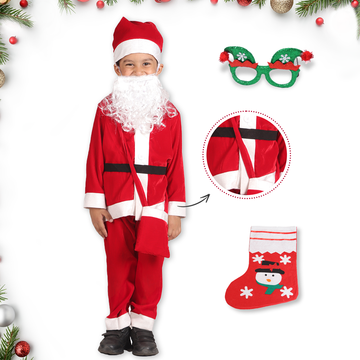 Itsmycostume Santa Costume Outfit for Kids With Jacket Pant Santa Cap Gift Pouch Belt,Beard &amp;Hanging Stocking ,Red