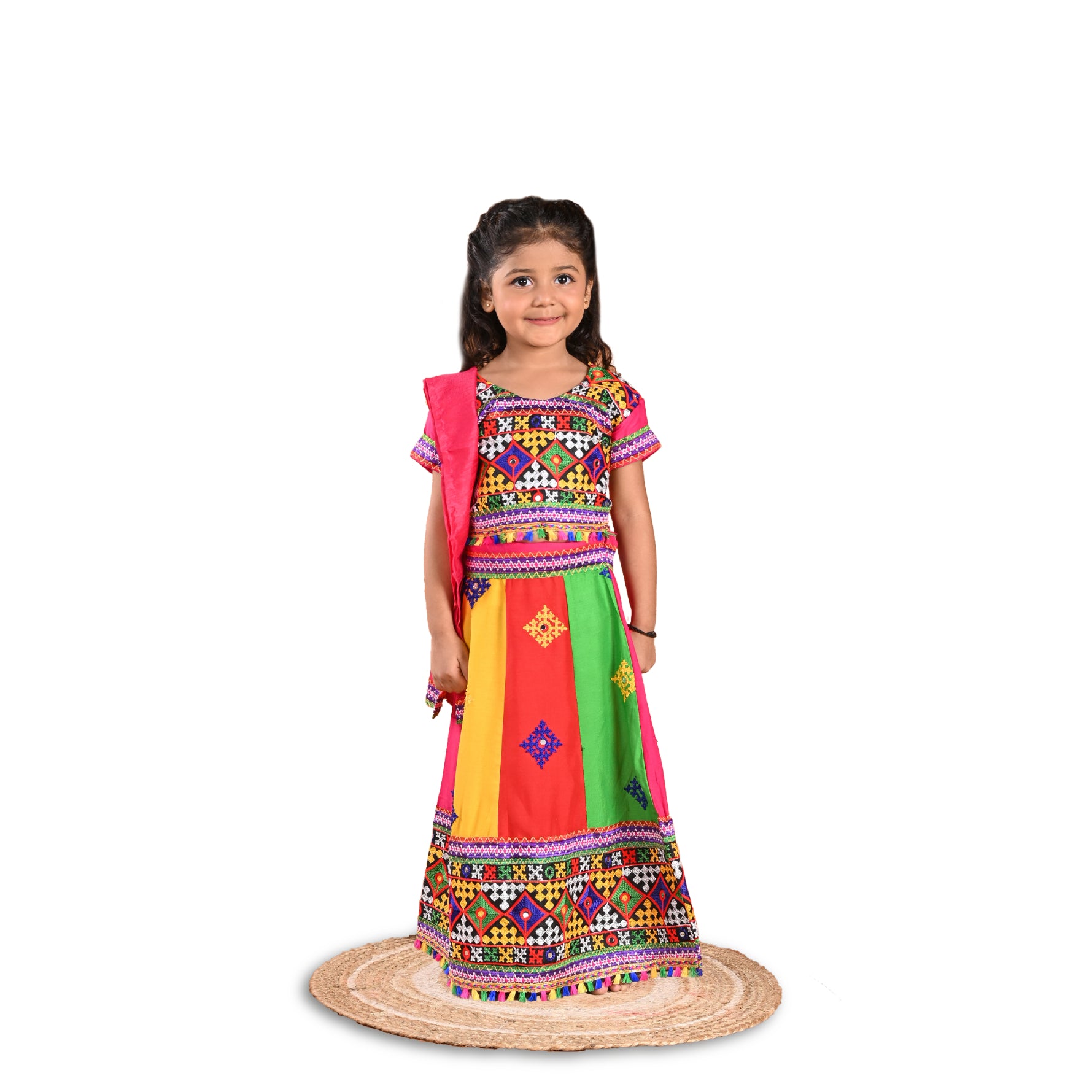 Girl's Gujrati Garba Navratri Cotton Readymade Lehenga Choli With Dupatta