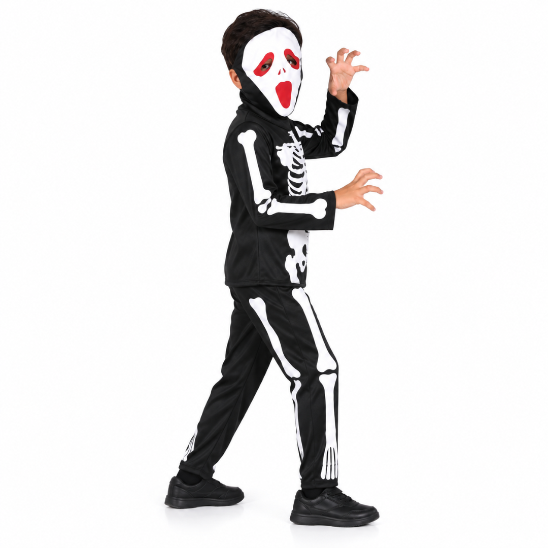 Kids Skeleton Costume for Boys | Black & White Skeleton Bones with Scary Scream Mask | Halloween Cosplay Wear