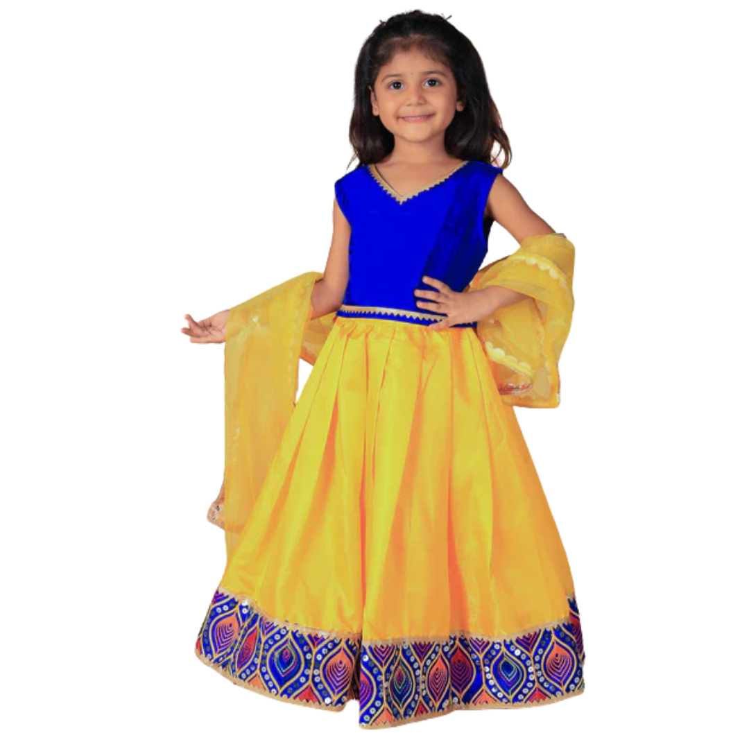 Vaanee Designz Silk Blend Readymade Embroidered 3 Piece Lehenga Choli Set|Lehenga Choli,Ethnic Wear|Lehenga for Kids|Lehenga Set for Wedding and Festival(Blue&Yellow)