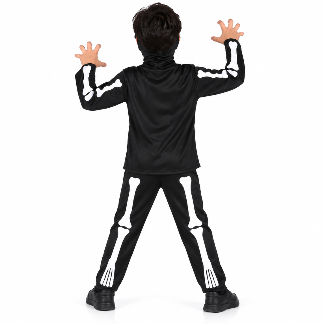 Kids Skeleton Costume for Boys | Black & White Skeleton Bones with Scary Scream Mask | Halloween Cosplay Wear