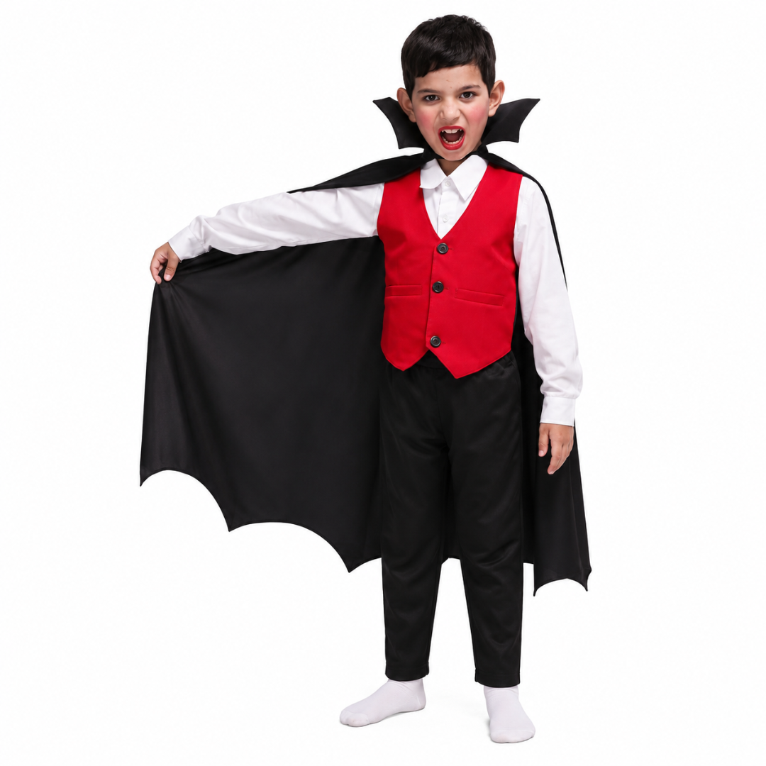 ITSMYCOSTUME Dracula Vampire Halloween Cosplay Costume Complete Set(Shirt,Pant,Waistcoat &amp;Cape) Kids Fancy Dress Costume