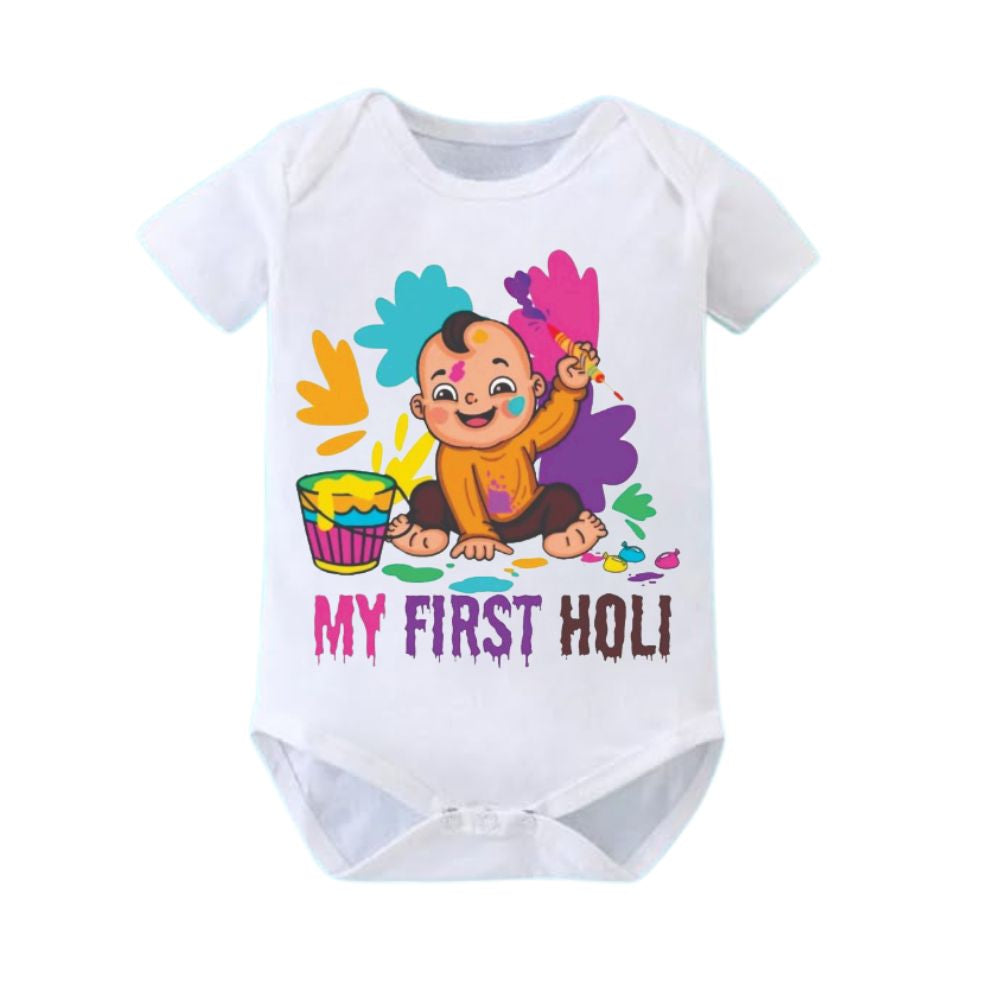 My First Holi Dress For Baby | New Born Boy Girl Romper Bodysuit Cotton White Half Sleeves Clothes | Holi Celebration Photoshoot