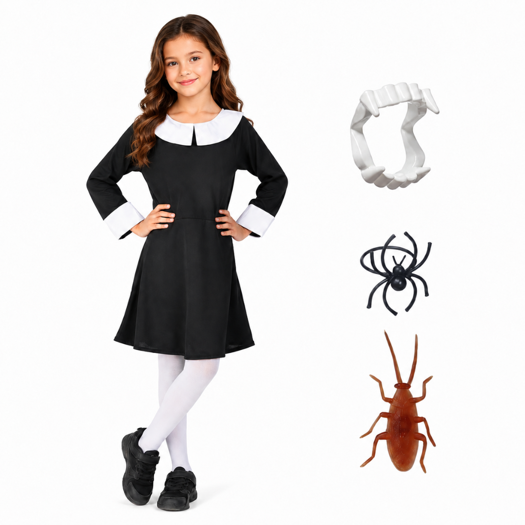 Halloween Dress| Wednesday Addam's Costume and Accessories|For Girls Kids |Haunted Horror Theme Dress (FREE scary teeth)
