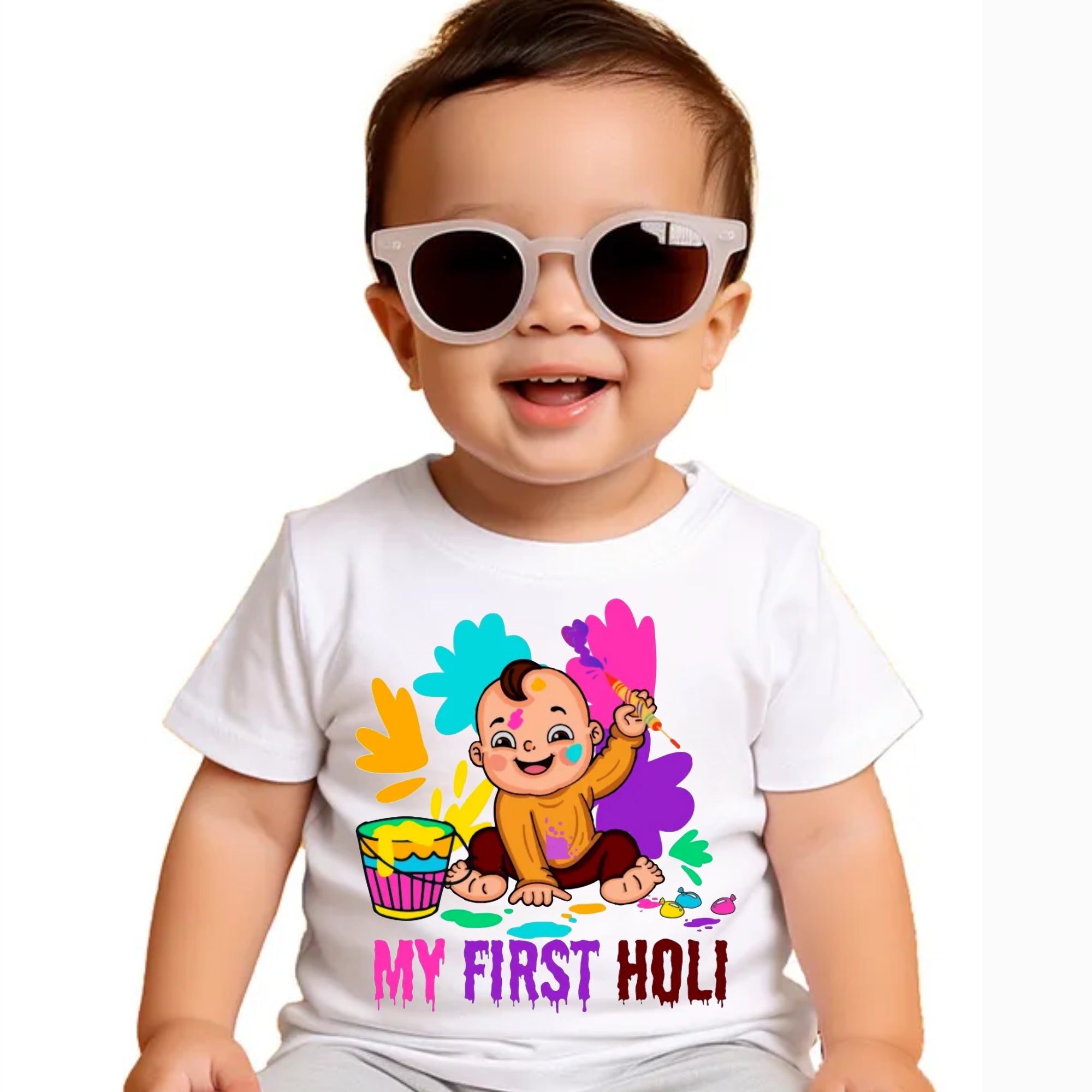 Itsmycostume My First Holi tshirt for kids baby boy girl infant Unisex Half Sleev Round Neck Tshirts