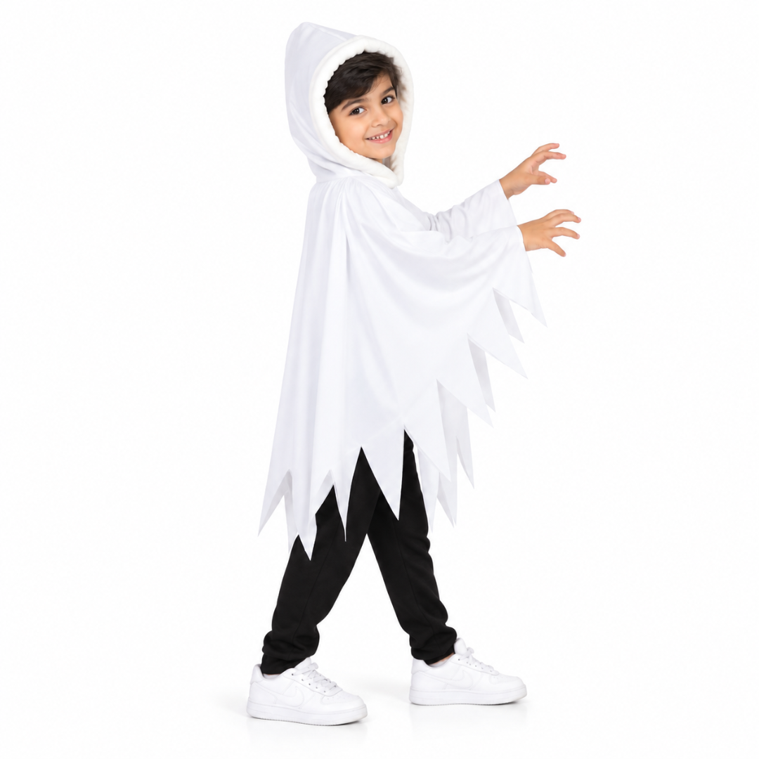 ITSMYCOSTUME Boys Halloween Ghost Costume Cape | White Hooded Poncho with Scary Face | Kids Cosplay Wear