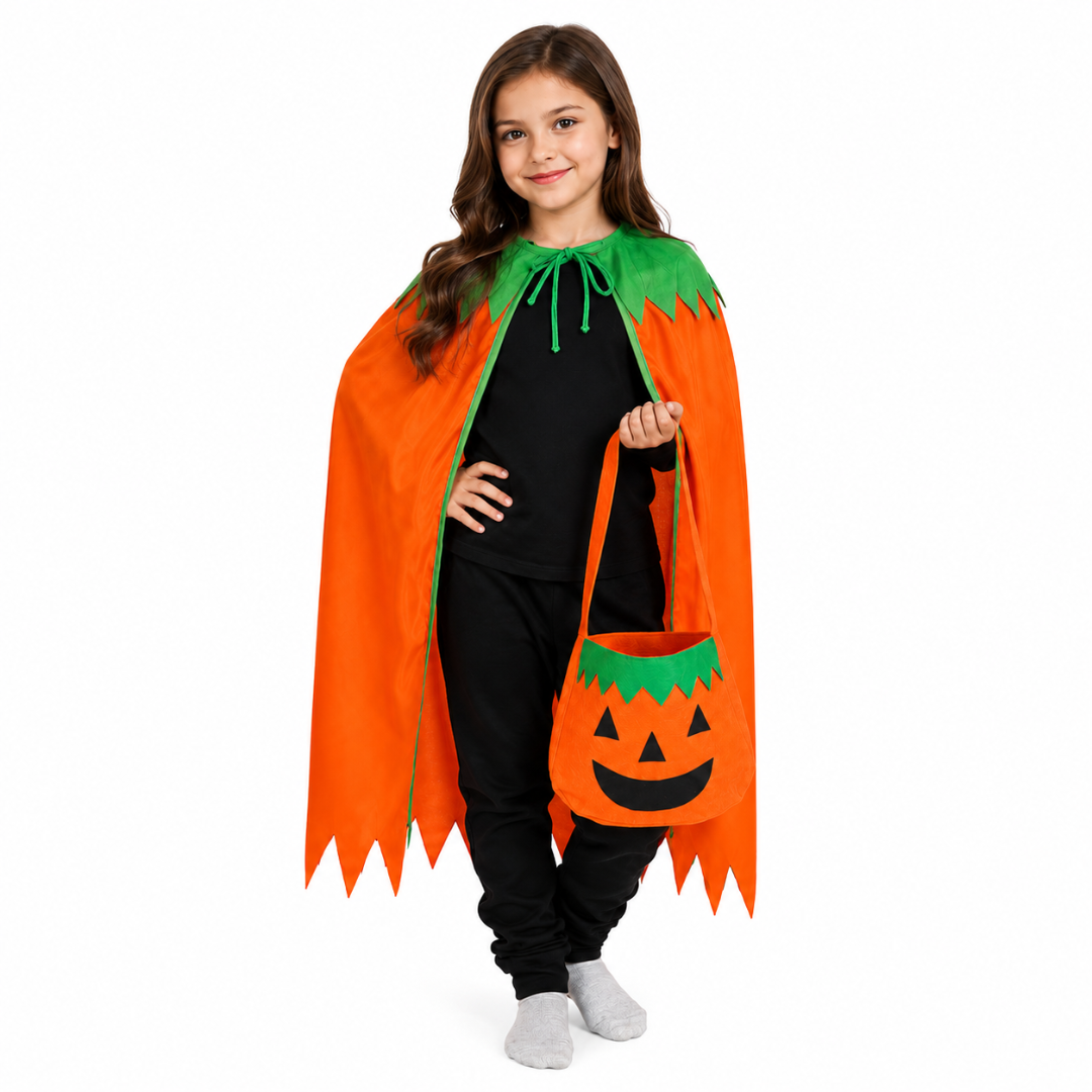 ITSMYCOSTUME Halloween Pumpkin Dress for Boys &amp; Girls Kids Orange Cape with Pumpkin Basket Complete Set with Accessories
