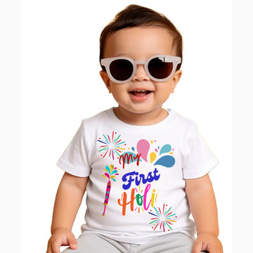 Itsmycostume My First Holi tshirt for kids baby boy girl infant Unisex Half Sleev Round Neck Tshirts