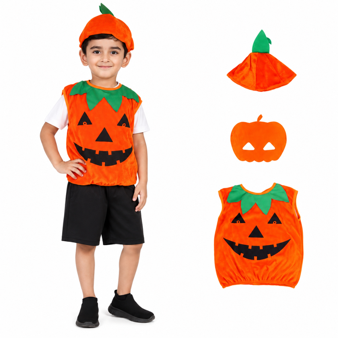 ITSMYCOSTUME Halloween Pumpkin Dress For Boys &amp; Girls Kids Orange Pumpkin Costume Set of 3(Top, Hat &amp; Mask) Kids Costume
