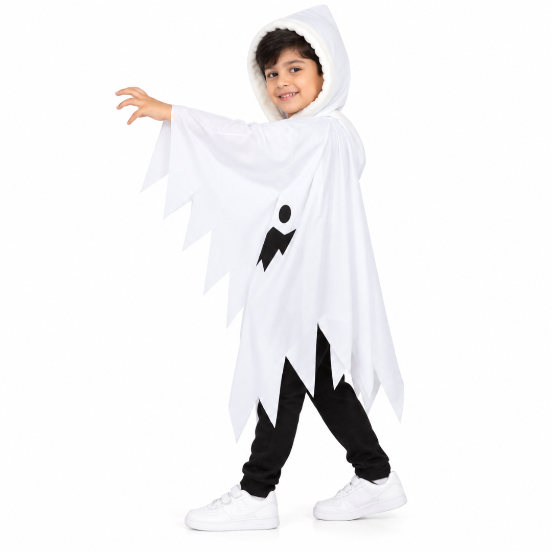 ITSMYCOSTUME Boys Halloween Ghost Costume Cape | White Hooded Poncho with Scary Face | Kids Cosplay Wear