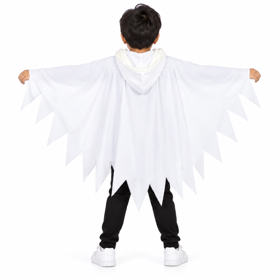 ITSMYCOSTUME Boys Halloween Ghost Costume Cape | White Hooded Poncho with Scary Face | Kids Cosplay Wear