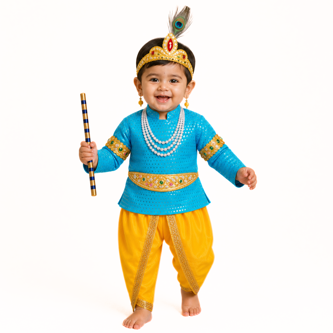 Krishna Dress for Kids Set of 7 Dhoti,Kurta,Mukut,Morpankh,Bansuri,Belt,Motimala