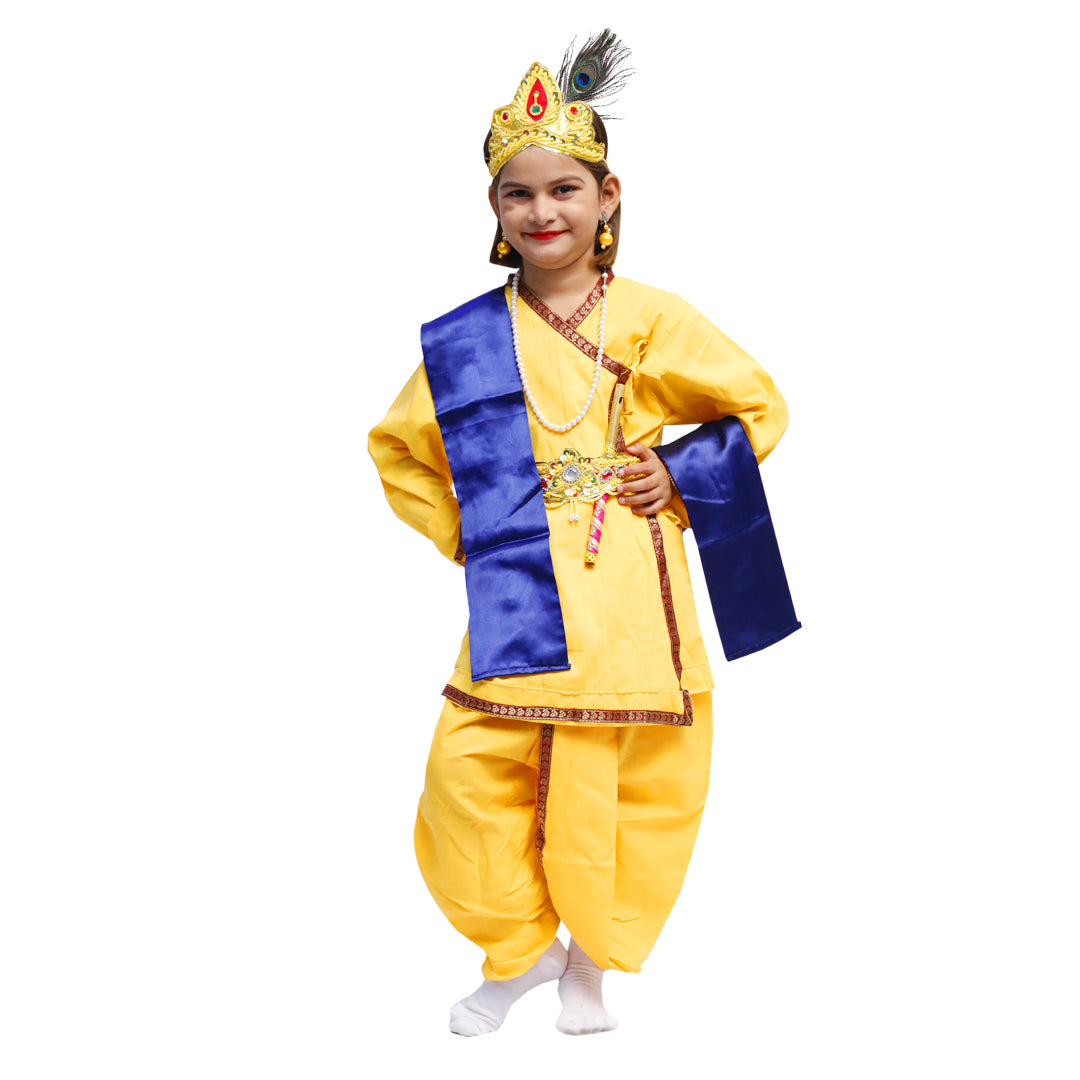Krishna Dress for Kids Set of 9 Dhoti,Kurta,Mukut,Morpankh,Bansuri,Stole,Kundal,Belt,Motimala