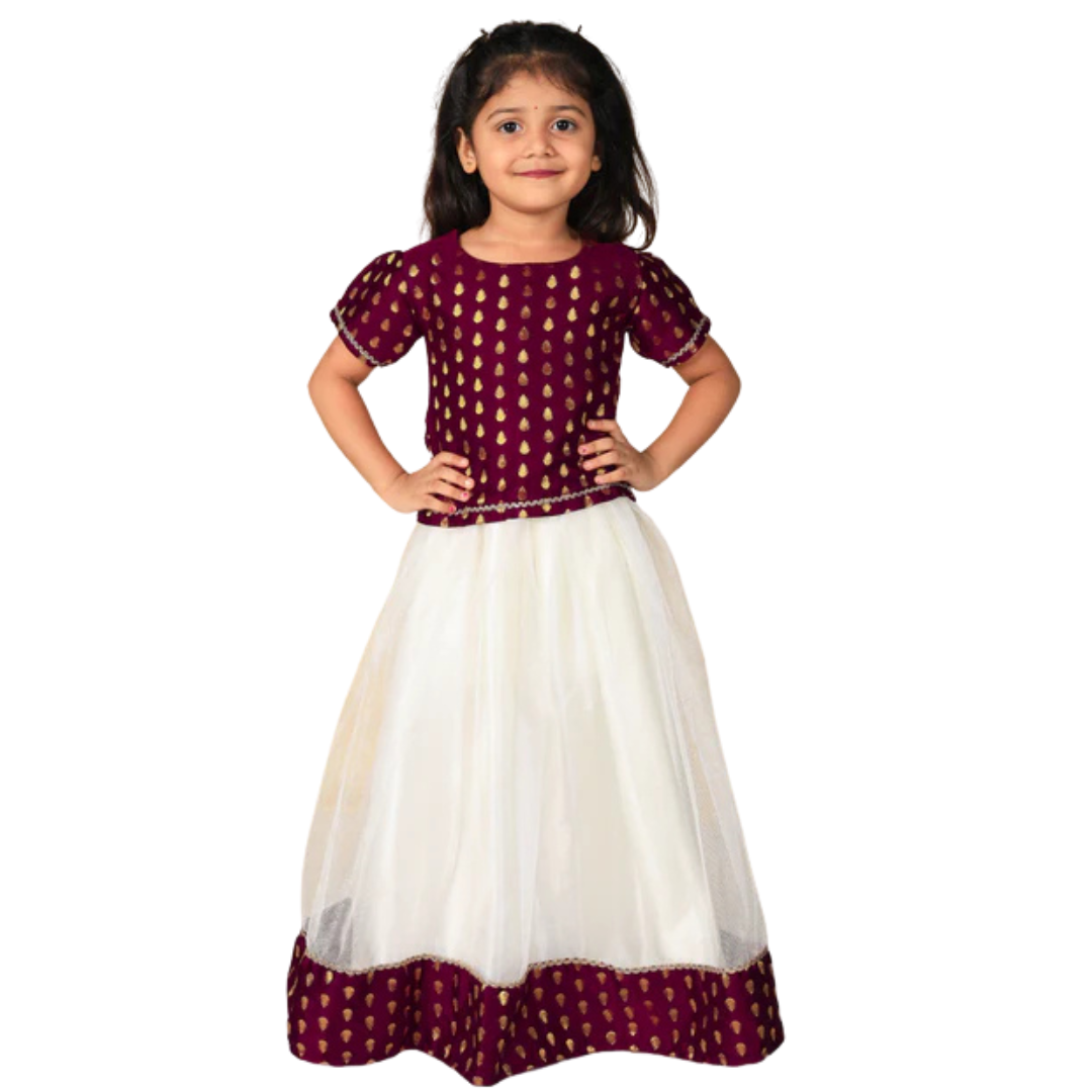 Vaanee Designz Silk Blend Readymade Embroidered 3 Piece Lehenga Choli Set|Lehenga Choli,Ethnic Wear|Lehenga for Kids|Lehenga Set for Wedding and Festival(Wine)