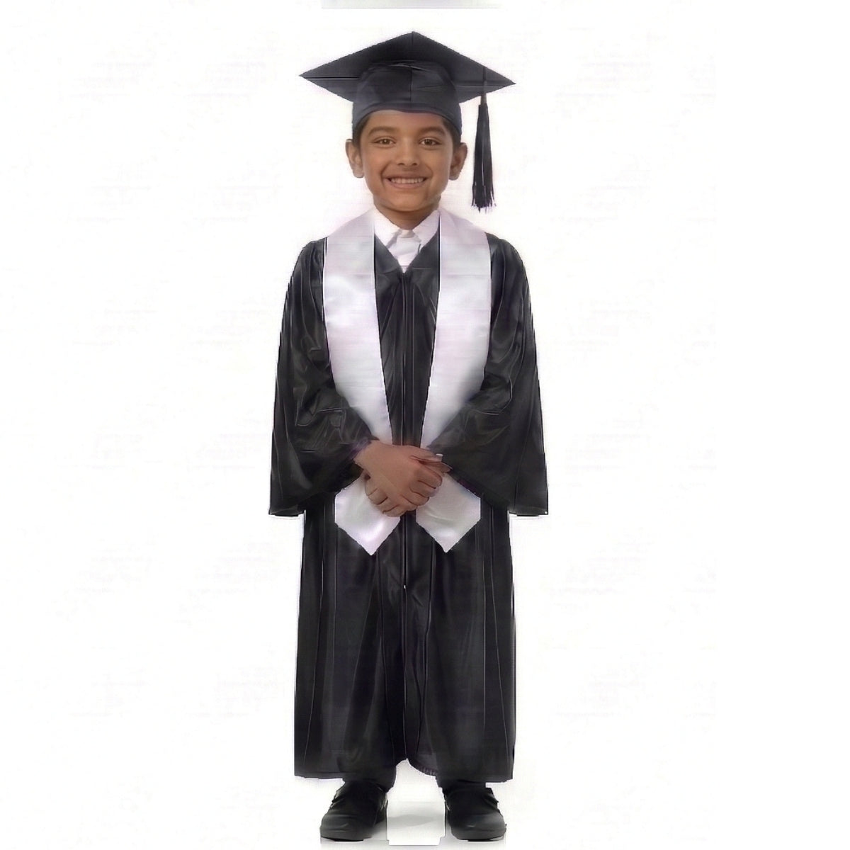 Kids Black Graduation Gown with Cap and White Sash | Convocation Costume for Boys & Girls