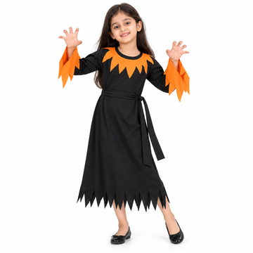 ITSMYCOSTUME Girls Halloween Witch Zigzag Costume | Black Orange Halloween Scary Costume with Belt | Cosplay Wear