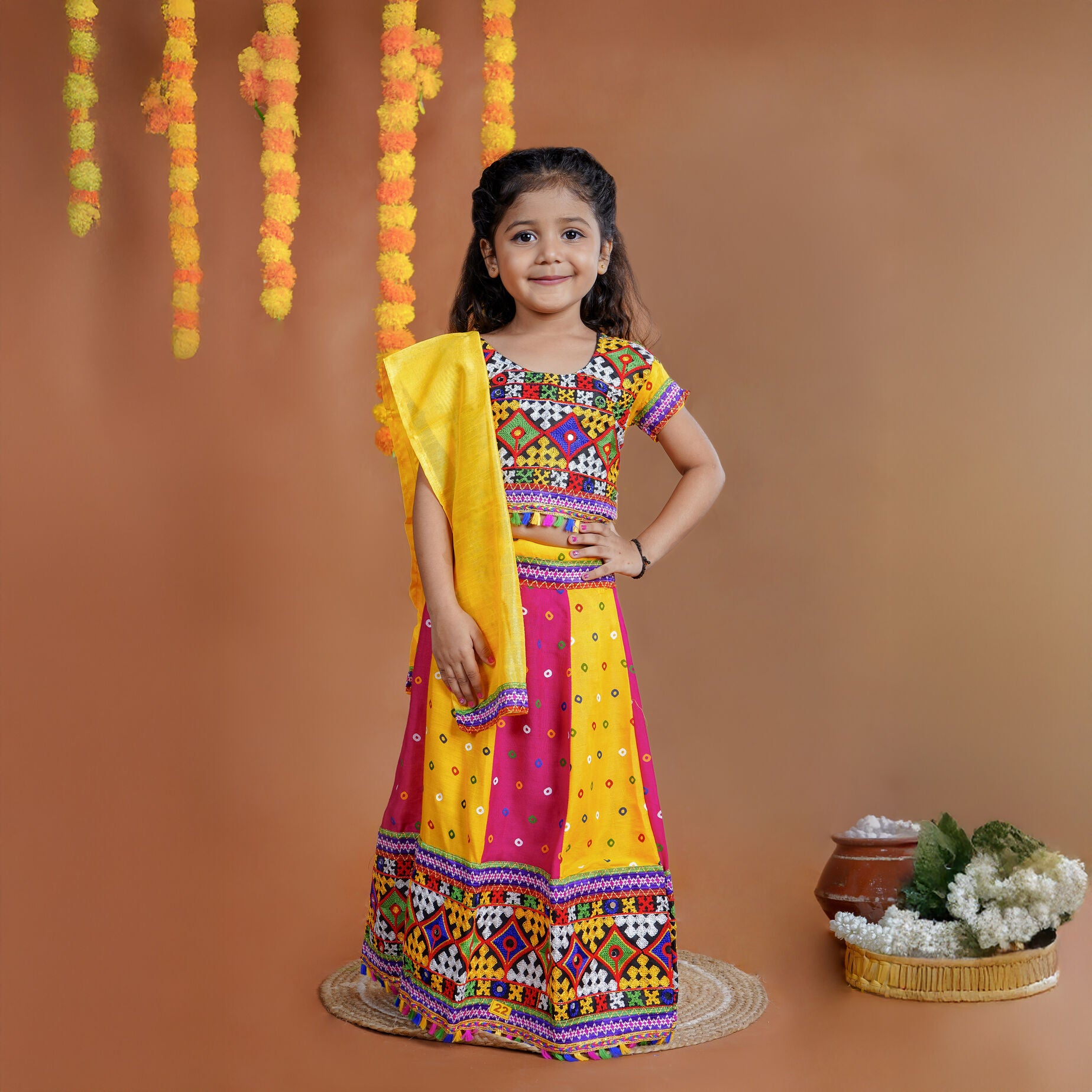 Girl's Gujrati Garba Navratri Cotton Readymade Lehenga Choli With Dupatta