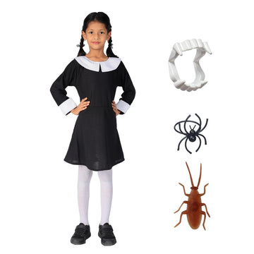 Halloween Dress| Wednesday Addam's Costume and Accessories|For Girls Kids |Haunted Horror Theme Dress (FREE scary teeth)