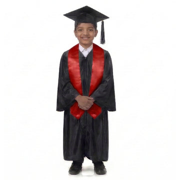 Kids Black Graduation Gown with Cap and Red Sash | Convocation Costume for Boys & Girls