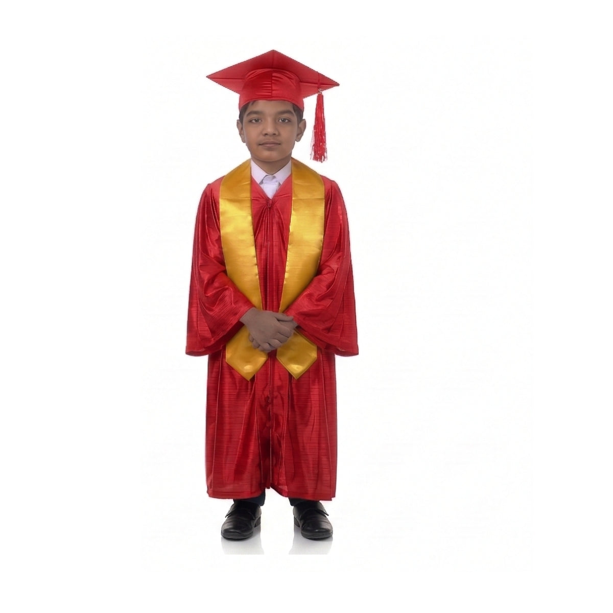 Kids Red Graduation Gown with Cap and Yellow Sash | Convocation Costume for Boys & Girls
