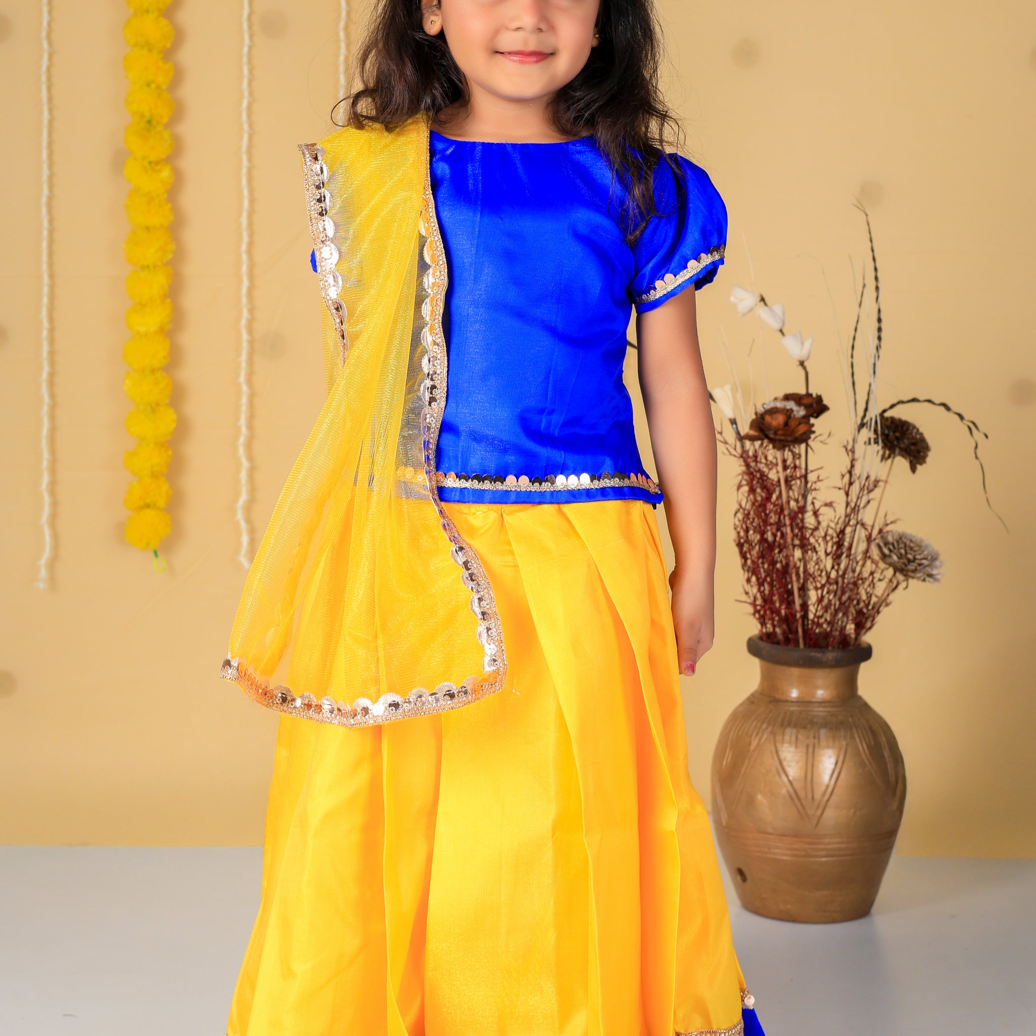 Vaanee Designz Silk Blend Readymade Embroidered 3 Piece Lehenga Choli Set|Lehenga Choli,Ethnic Wear|Lehenga for Kids|Lehenga Set for Wedding and Festival( Yellow & Blue)