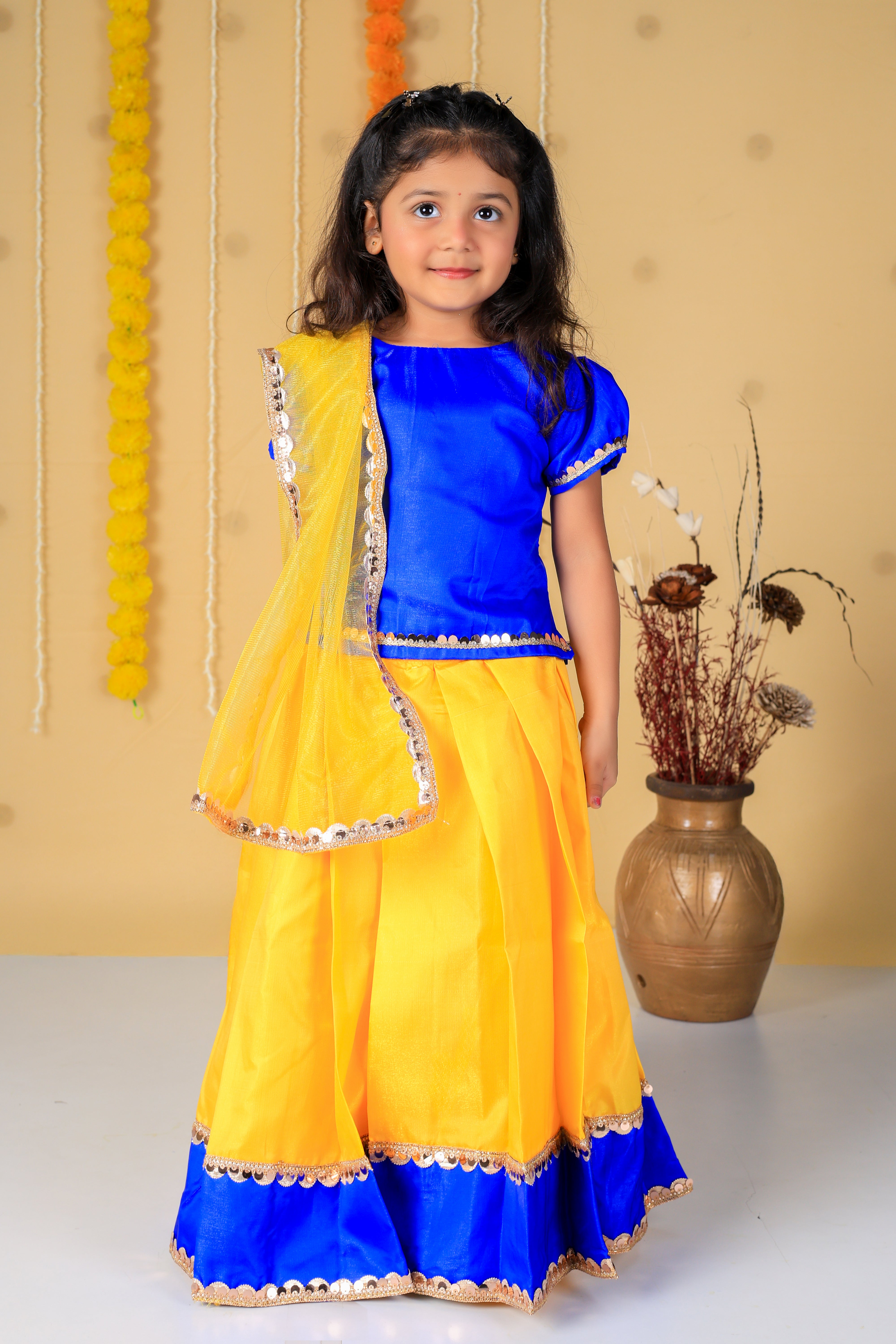 Vaanee Designz Silk Blend Readymade Embroidered 3 Piece Lehenga Choli Set|Lehenga Choli,Ethnic Wear|Lehenga for Kids|Lehenga Set for Wedding and Festival( Yellow & Blue)