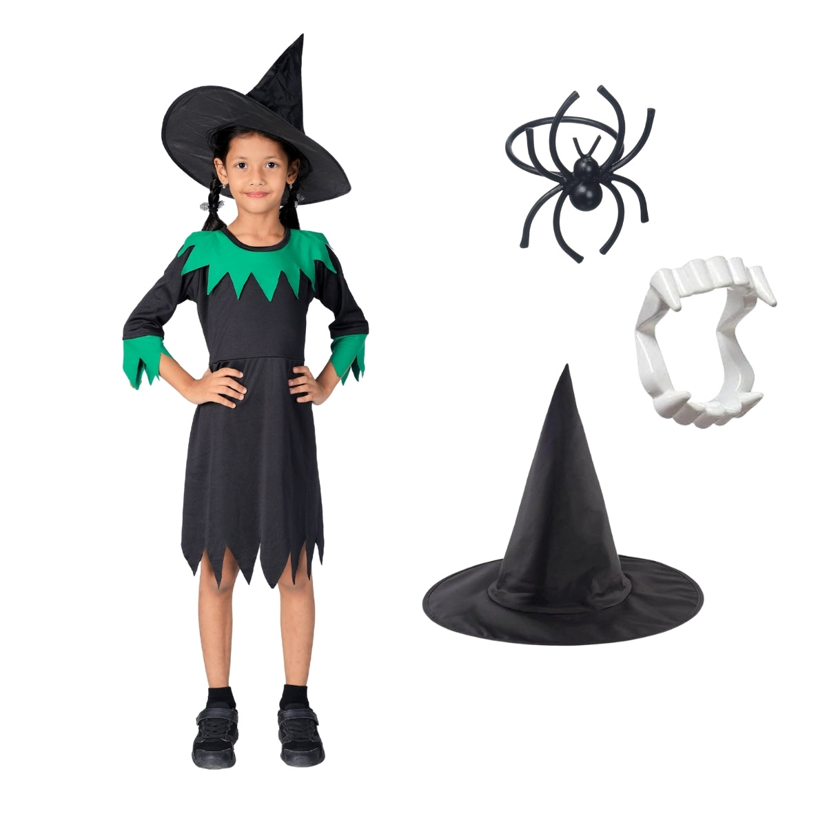 Halloween Dress| Witch Frock Costume and Accessories|For Girls  Kids |Haunted Horror Theme Dress (Free Scary Teeth)