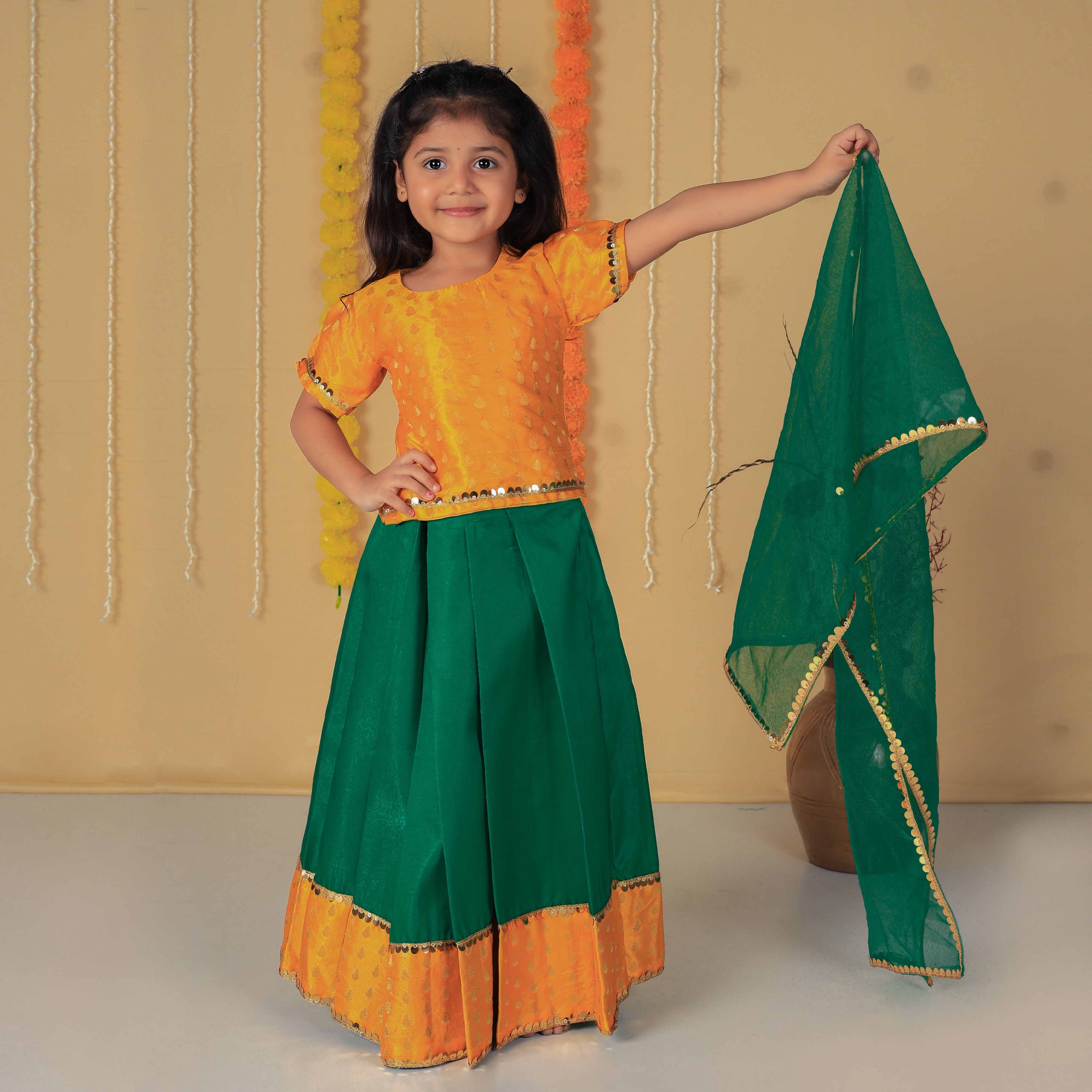 Vaanee Designz Silk Blend Readymade Embroidered 3 Piece Lehenga Choli Set|Lehenga Choli,Ethnic Wear|Lehenga for Kids|Lehenga Set for Wedding and Festival(Yellow & Green)