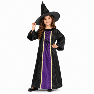 Witch Costume Dress for Kids Girls Set of 2(Gown,Hat) Halloween-Purple