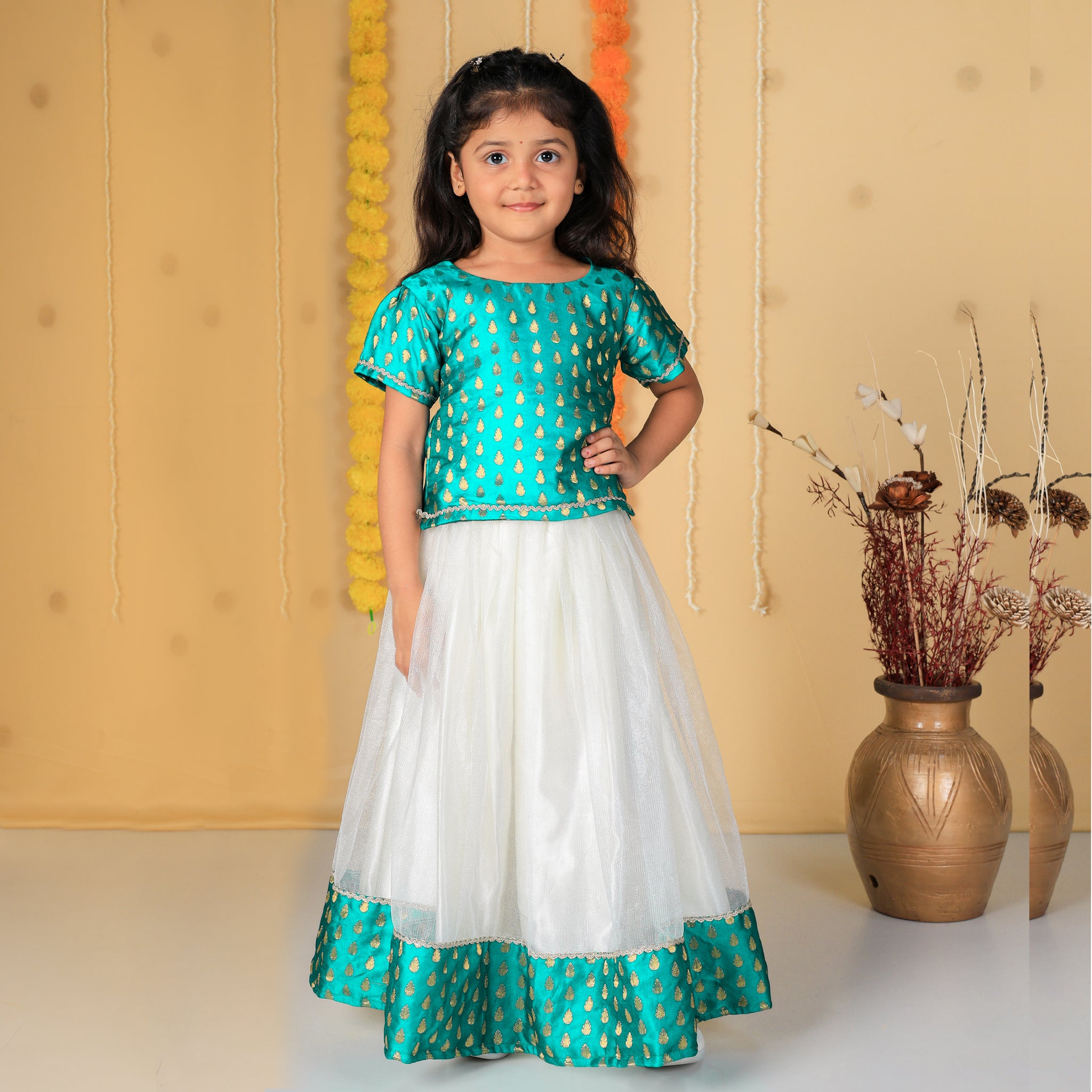 Vaanee Designz Silk Blend Readymade Embroidered 3 Piece Lehenga Choli Set|Lehenga Choli,Ethnic Wear|Lehenga for Kids|Lehenga Set for Wedding and Festival(Rama green)