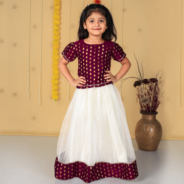 Vaanee Designz Silk Blend Readymade Embroidered 3 Piece Lehenga Choli Set|Lehenga Choli,Ethnic Wear|Lehenga for Kids|Lehenga Set for Wedding and Festival(Wine)