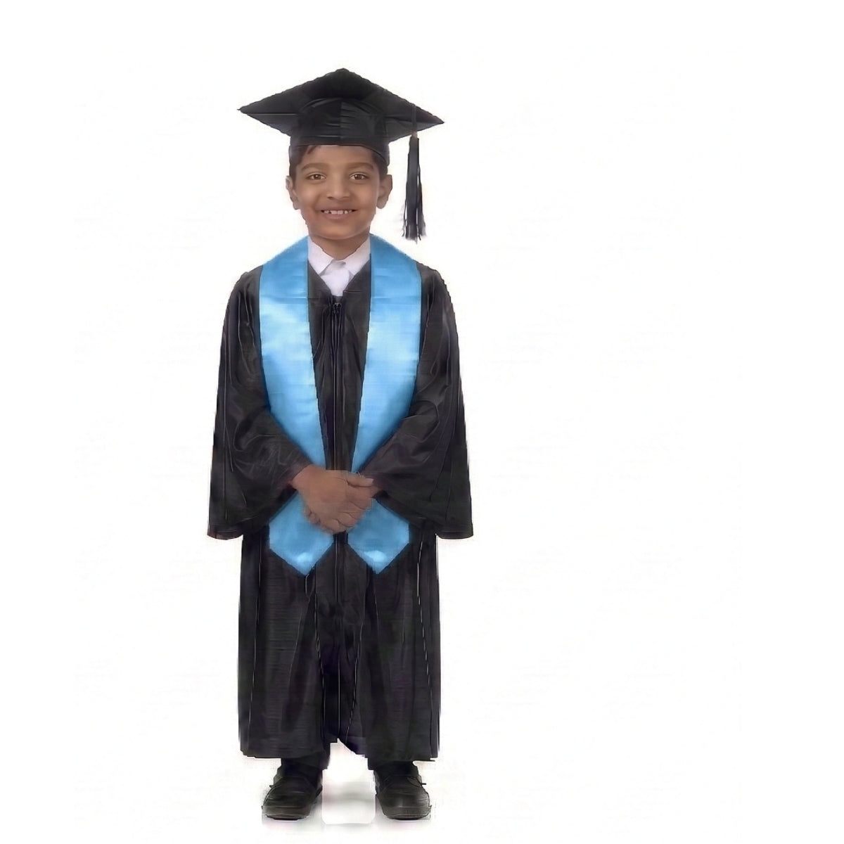 Kids Black Graduation Gown with Cap and Blue Sash | Convocation Costume for Boys & Girls