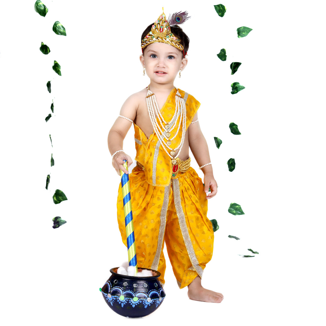 Krishna Dress for Baby Boy Kids Set of 10 Little Krishna Ji Kanha Janmasthmi Costume for Kids (IMC45001-SATYEL)