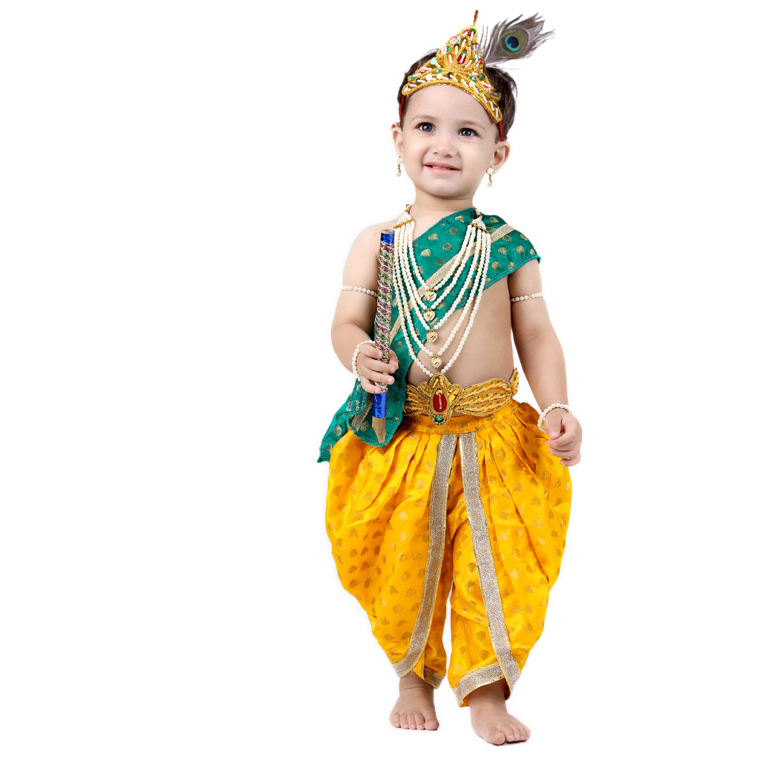 Krishna Dress for Baby Boy Kids Set of 10 Little Krishna Ji Kanha Janmasthmi Costume for Kids (IMC45001-SATYELGREEN)