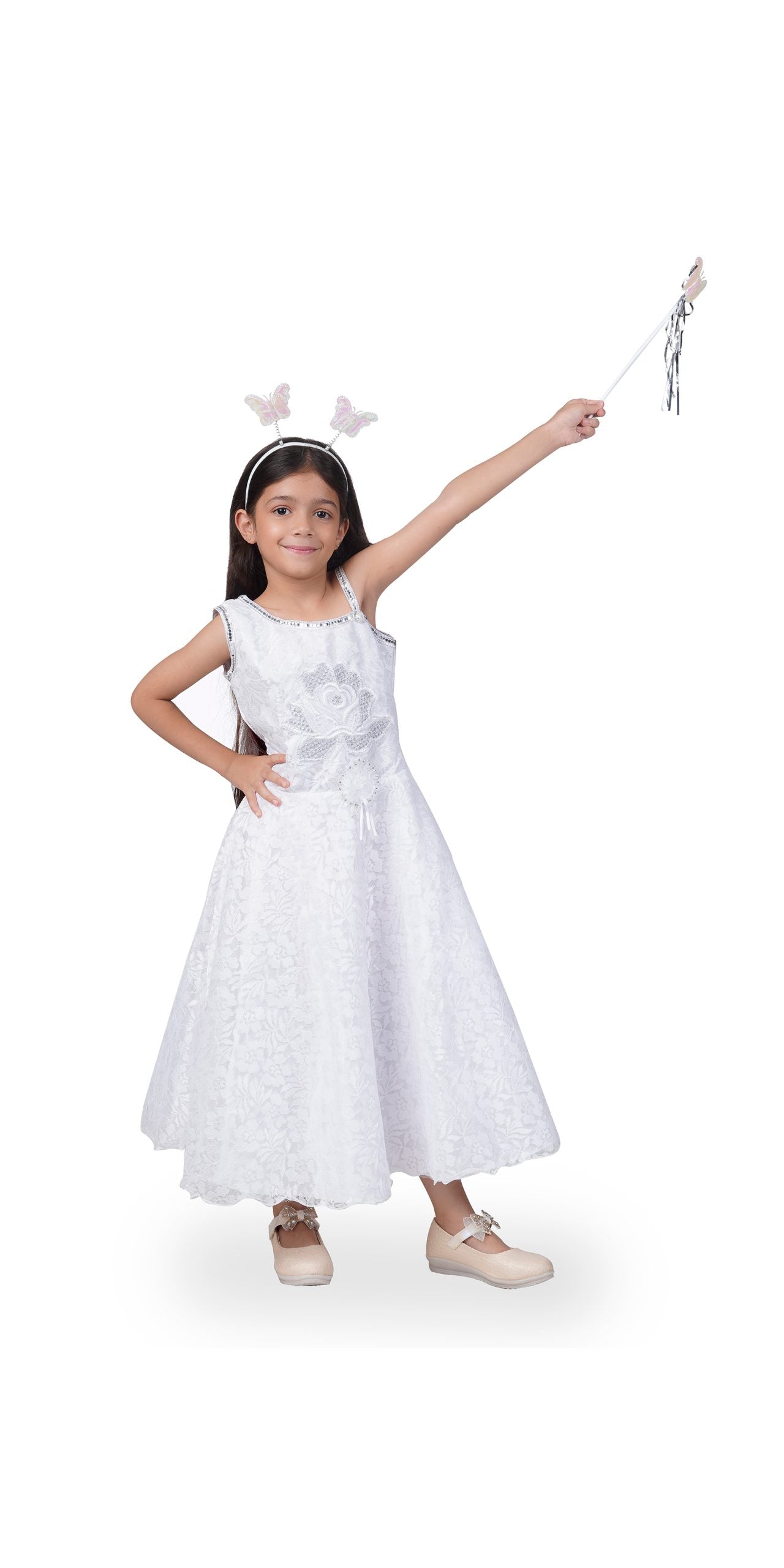 Itsmycostume Net Casual Full Length Cute Frill Fairy Frock Dress with Wings, Fairy Stick and Head Band for Girls Kids