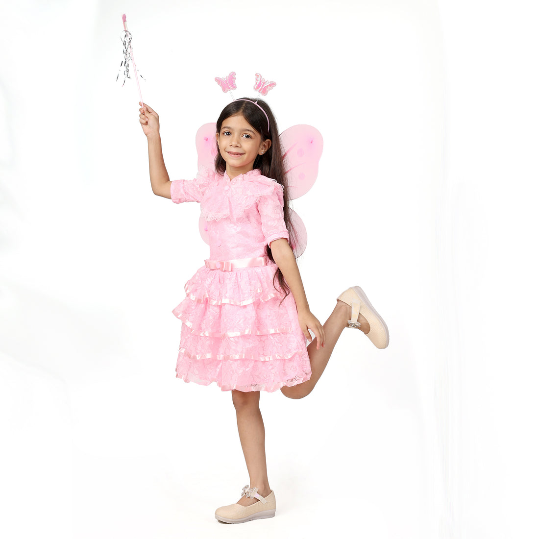 Itsmycostume Net Casual Knee Length Cute Frill Fairy Pink Frock Dress with Wings, Fairy Stick and Head Band for Girls Kids