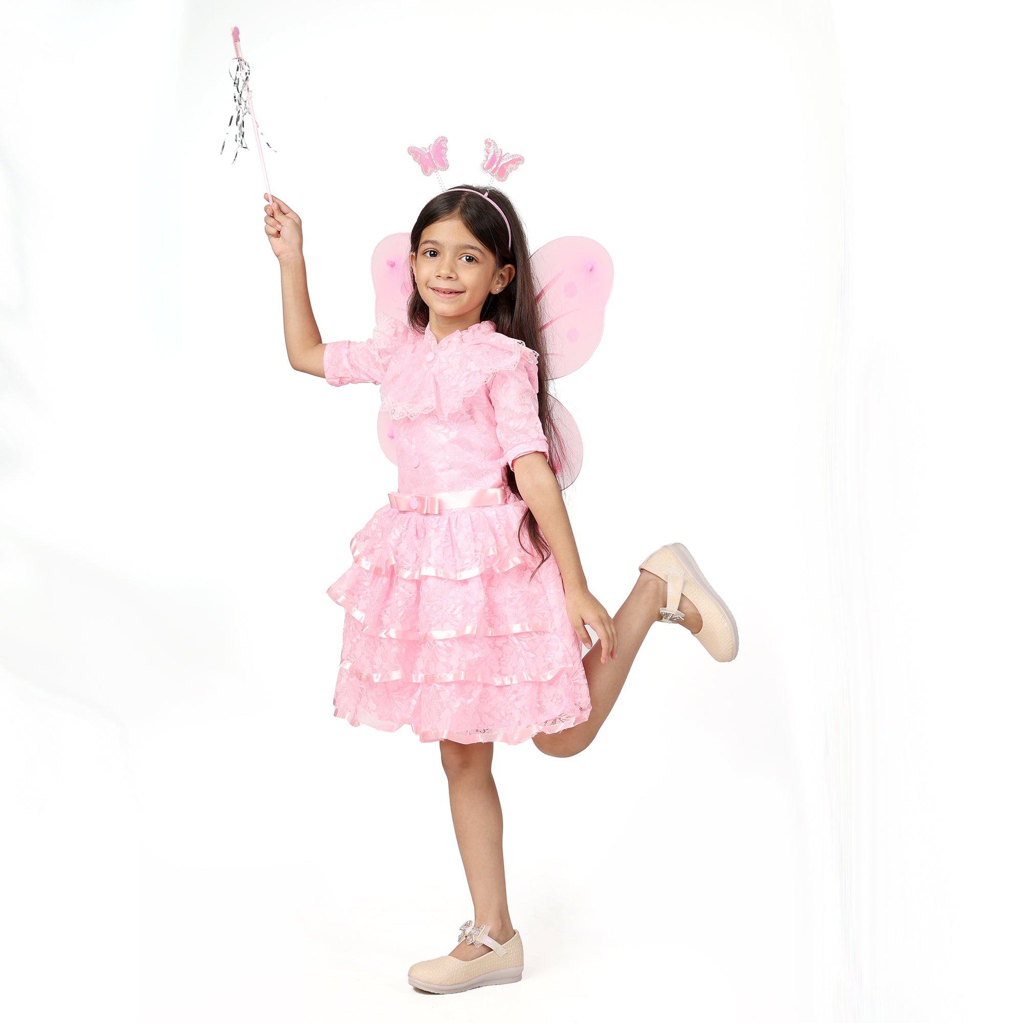 Itsmycostume Net Casual Knee Length Cute Frill Fairy Pink Frock Dress with Wings, Fairy Stick and Head Band for Girls Kids