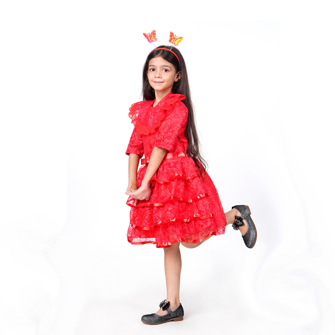 Itsmycostume Net Casual Knee Length Cute Frill Fairy Red Frock Dress with Wings, Fairy Stick and Head Band for Girls Kids