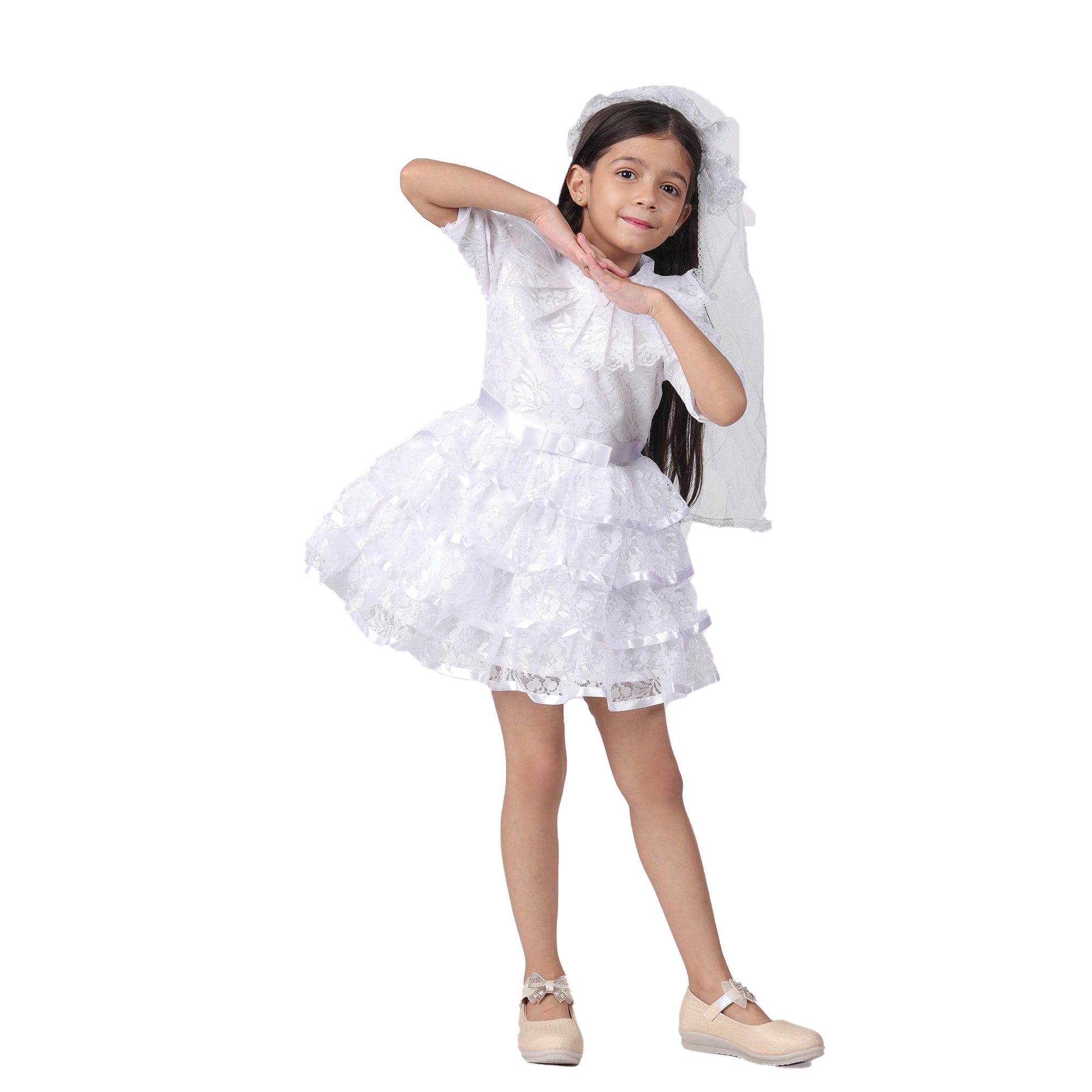 Itsmycostume Net Casual Knee Length Cute Frill Fairy White Frock Dress for Girls Kids