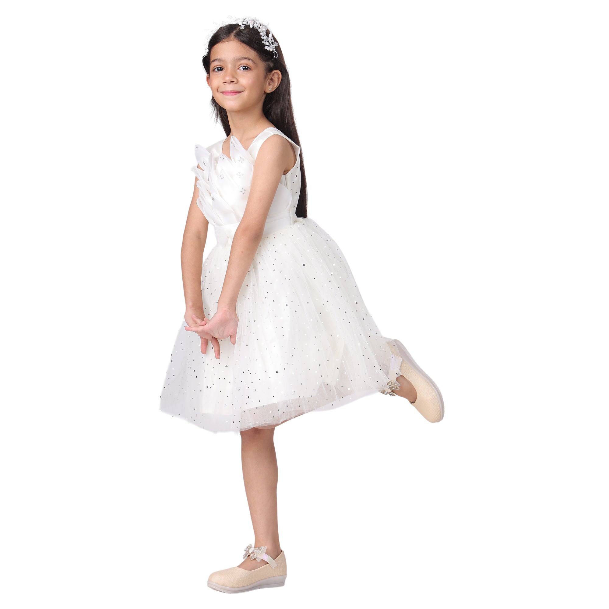 Itsmycostume Net Casual Knee Length Cute Frill White Frock Dress for Girls Kids